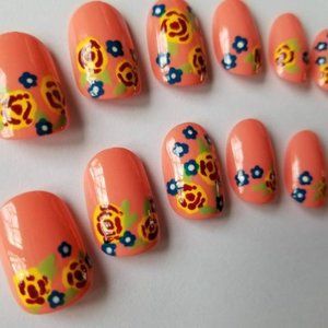 Peach Flower Nails - Spring Floral Nails New Hand Painted